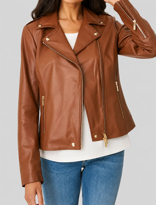 Brown Leather Motorcycle Womens Jacket