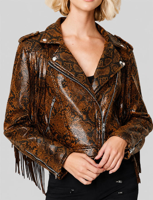 Snake Skin Fringe Brown Leather Jacket