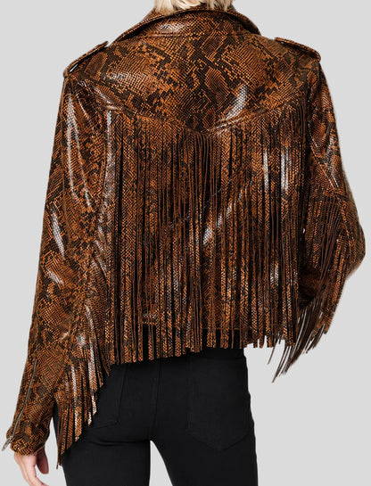 Snake Skin Fringe Brown Leather Jacket