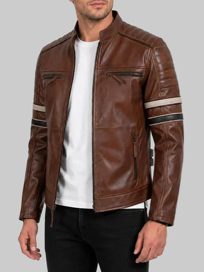 Brown Striped Cafe Racer Jacket for men in real sheep leather