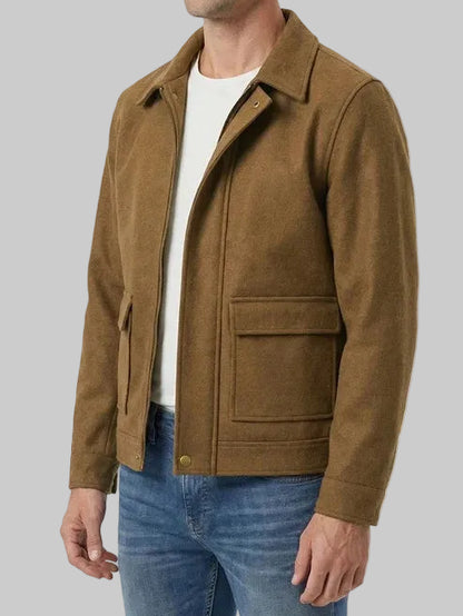 Men’s classic brown wool blend winter jacket with buttoned cuffs
