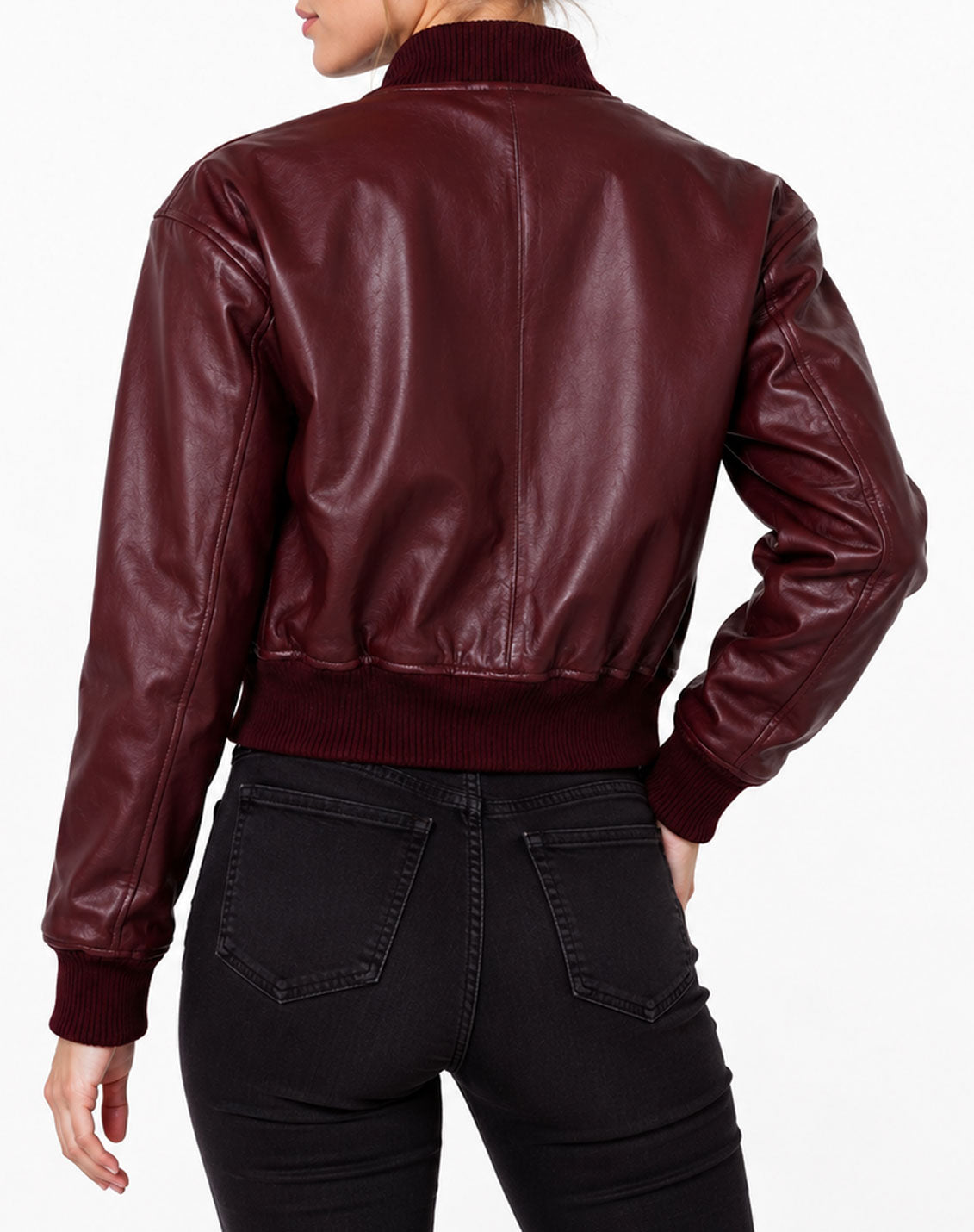 Brooklyn Burgundy Cropped Leather Bomber Jacket