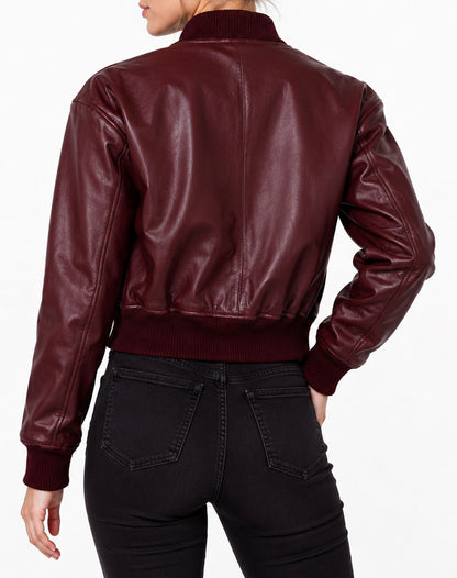 Brooklyn Burgundy Cropped Leather Bomber Jacket