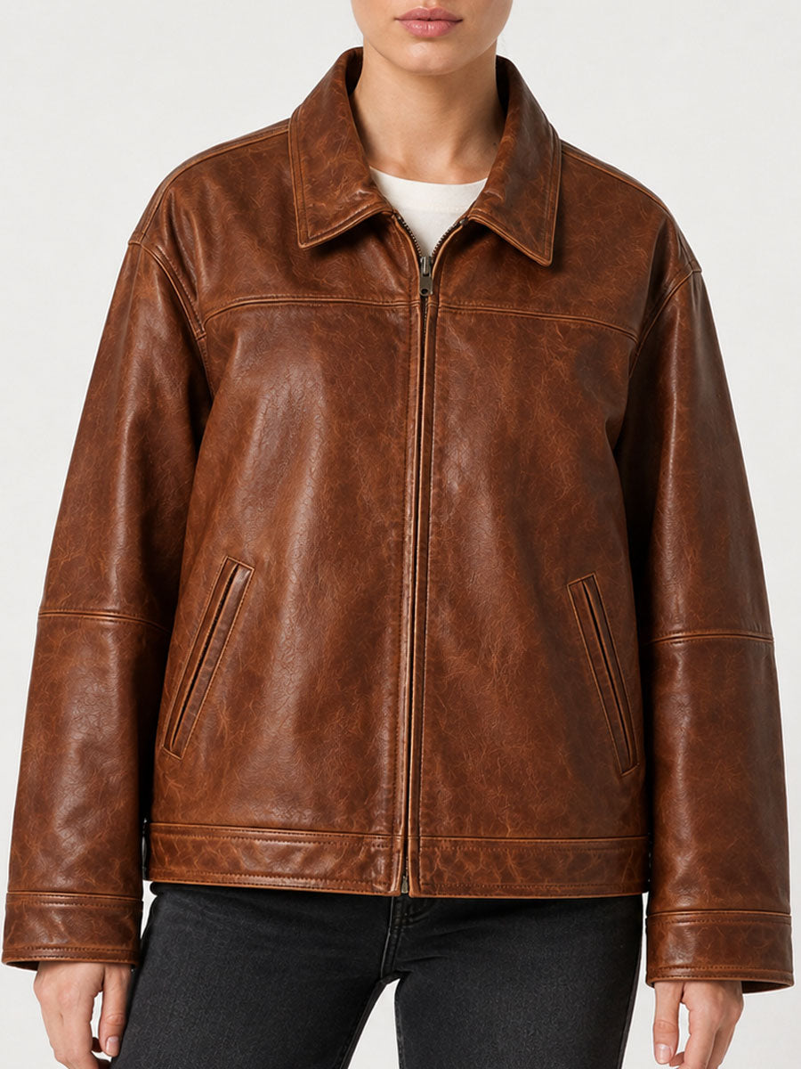 Chloe Brown Vintage Leather Bomber Jacket