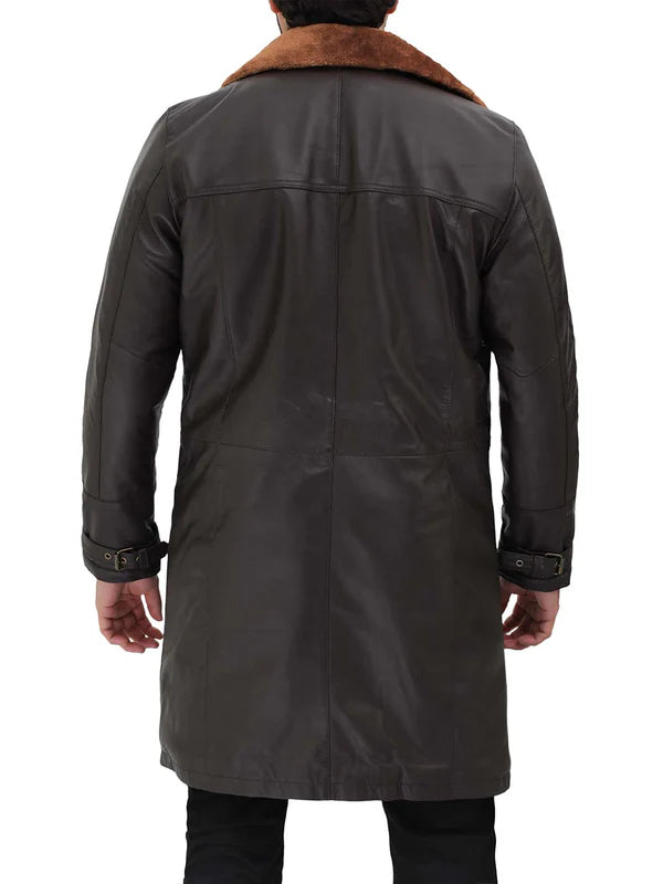 Classic Fit Dark Brown Shearling Leather Trench Coat For Men