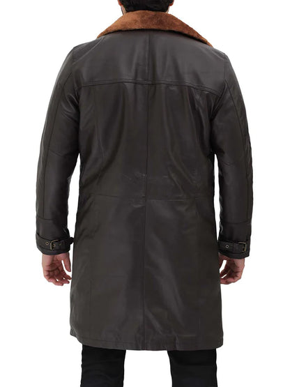Classic Fit Dark Brown Shearling Leather Trench Coat For Men