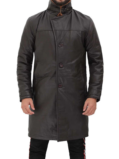 Classic Fit Dark Brown Shearling Leather Trench Coat