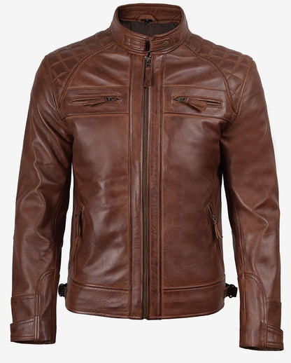 Cameron Cognac Brown Leather Biker Jacket for Men | Real Lambskin Quilted