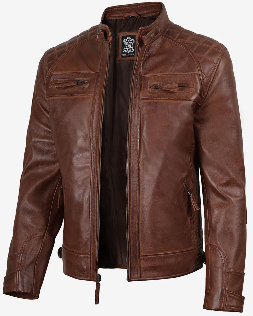 Cameron Cognac Brown Leather Biker Jacket for Men | Real Lambskin Quilted