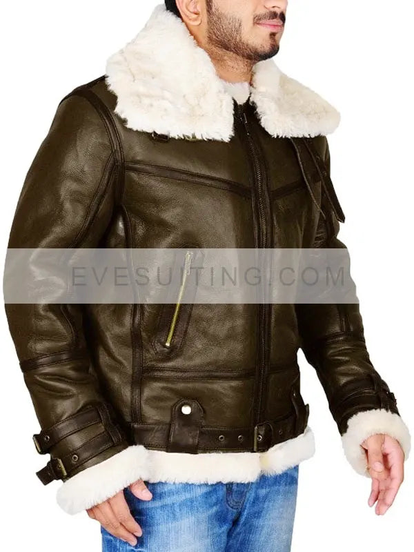Dark Brown Shearling Bomber Leather Aviator Winter  Jacket