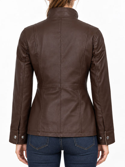 Brittany Dark Brown Two-Tone Leather Jacket with Contrast Collar
