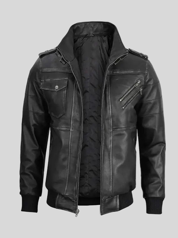 Detachable Hood Black Leather Bomber Jacket