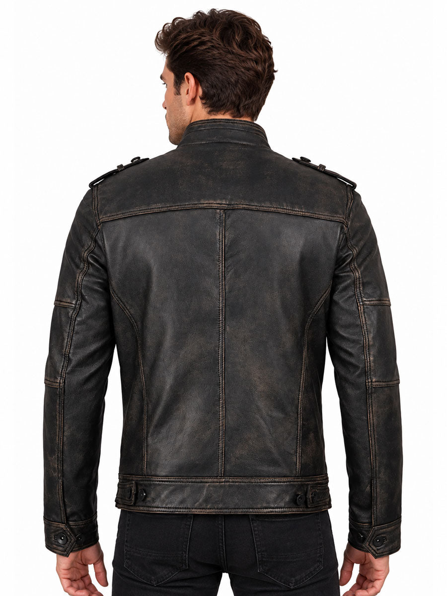 Aaron Distressed Black Leather Cafe Racer Jacket