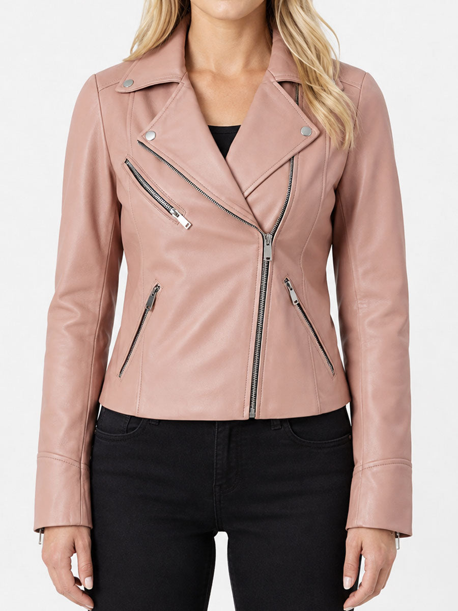 Women Pink Leather Motorcycle Jacket