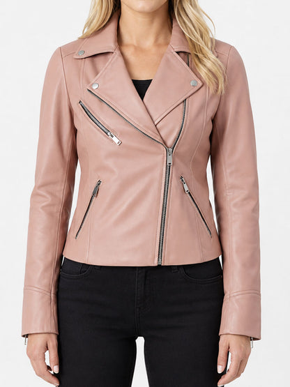 Women Pink Leather Motorcycle Jacket