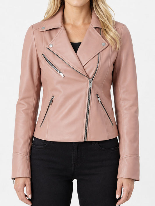 Women Pink Leather Motorcycle Jacket