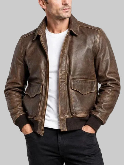 Thatcher A2 brown leather flight jacket front view