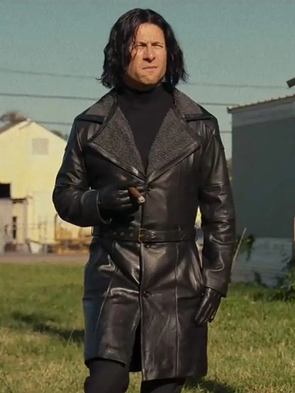 Glen Powell Black Leather Trench Coat