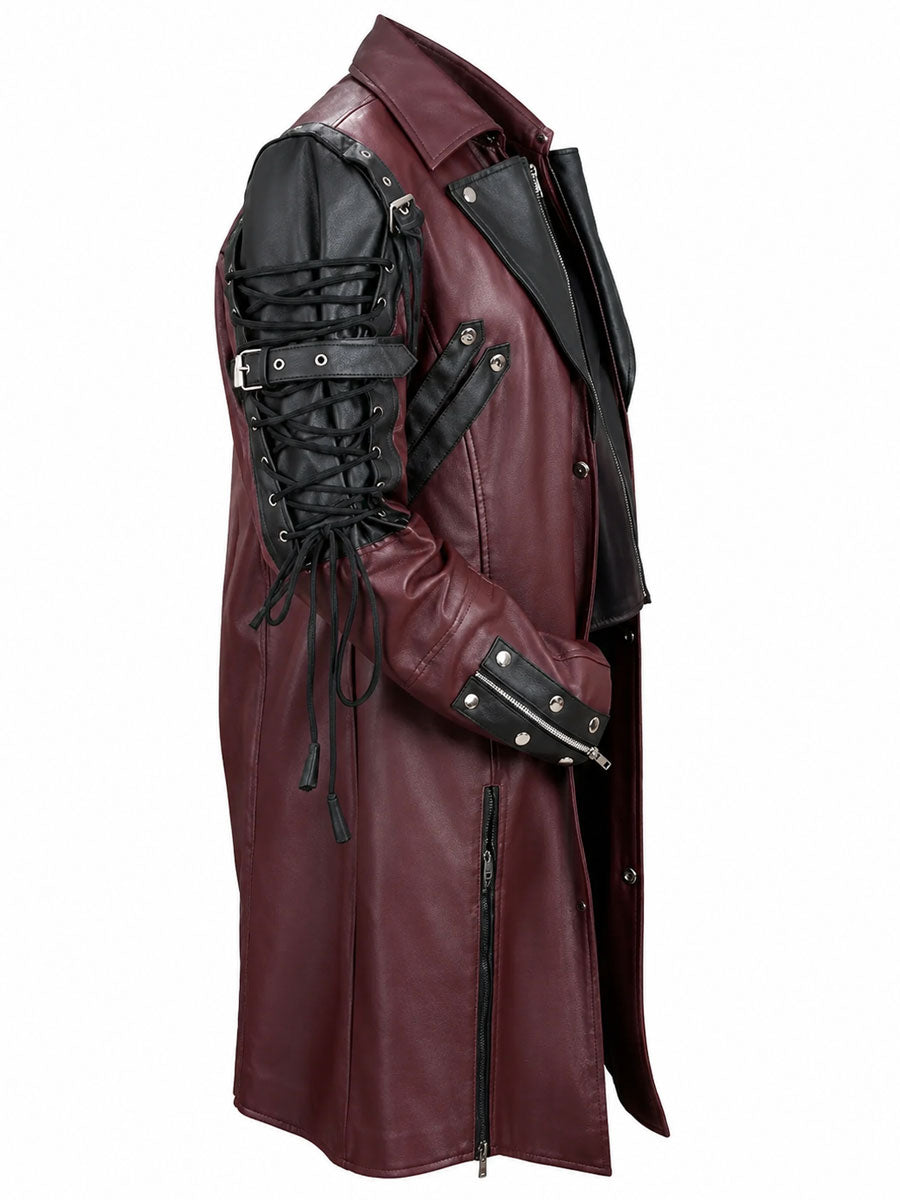 Men’s Gothic Leather Coat Maroon Black