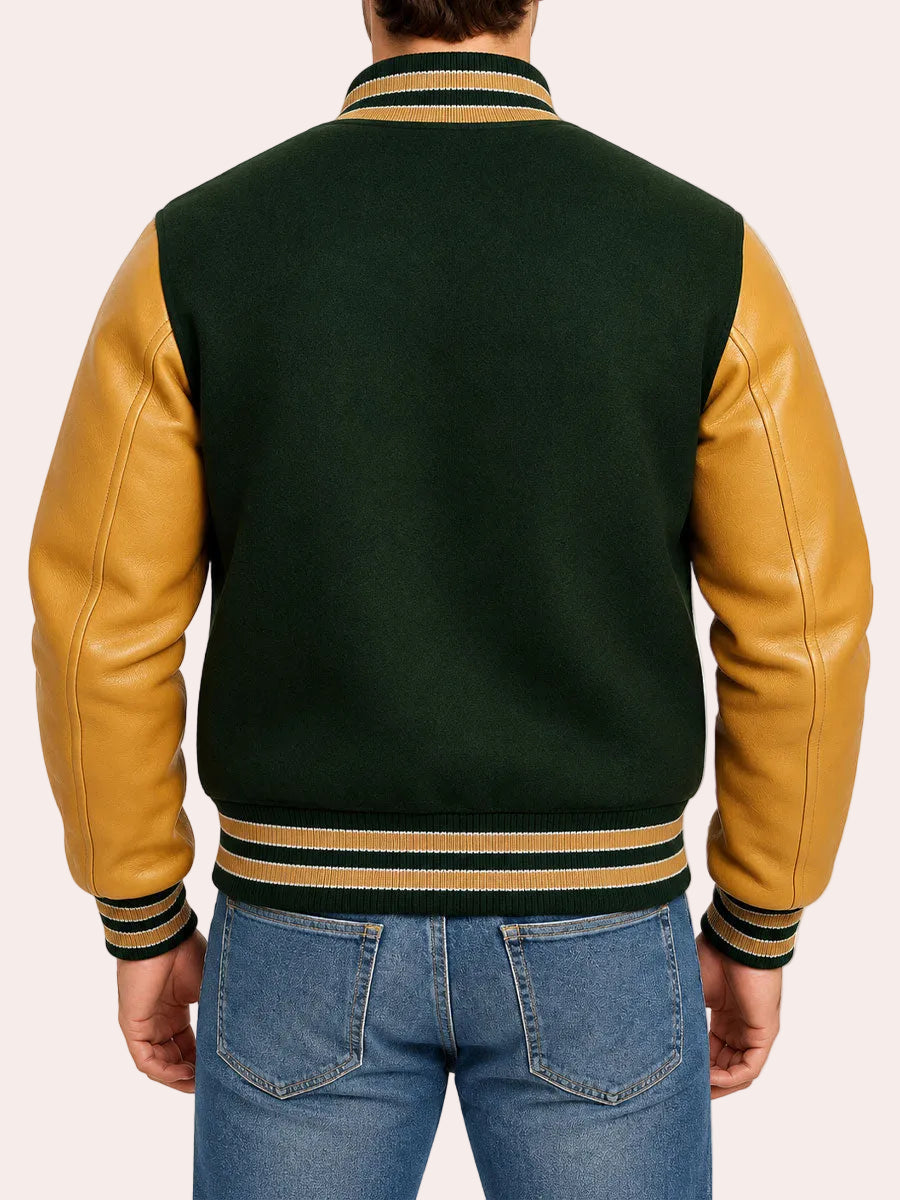 Back view of green and tan varsity jacket showing solid green body, tan leather sleeves and striped ribbed hem