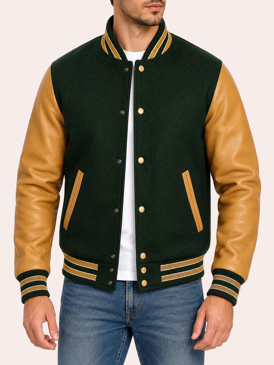 Green and tan varsity jacket featuring contrasting leather sleeves, striped ribbed collar and classic letterman style
