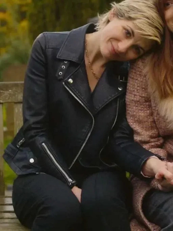 Jodie Whittaker Toxic Town 2025 Susan McIntyre Black Biker Leather Jacket