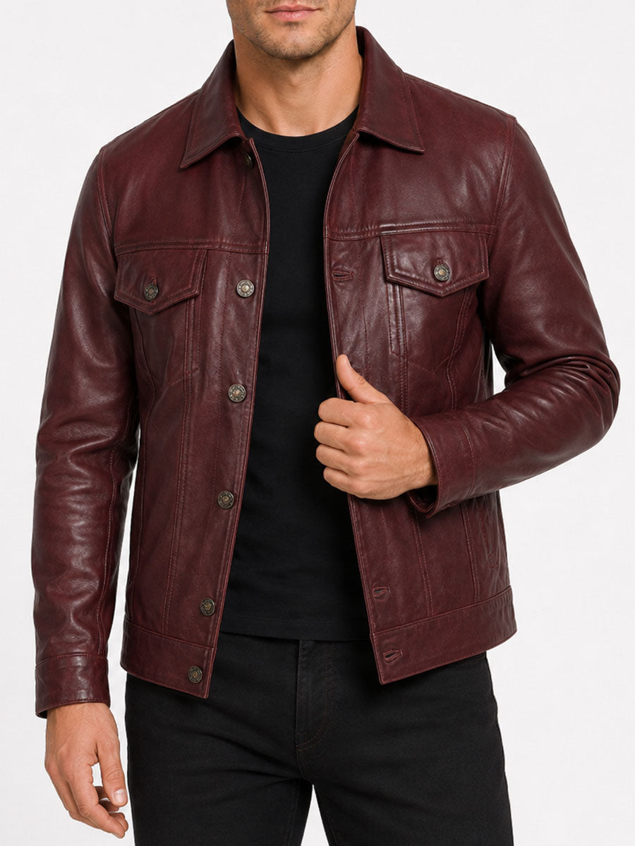 Samuel  Lambskin Leather Burgundy Trucker Jacket