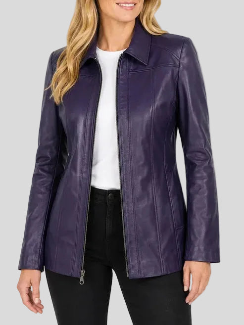 Women’s purple leather car coat with shirt style collar
