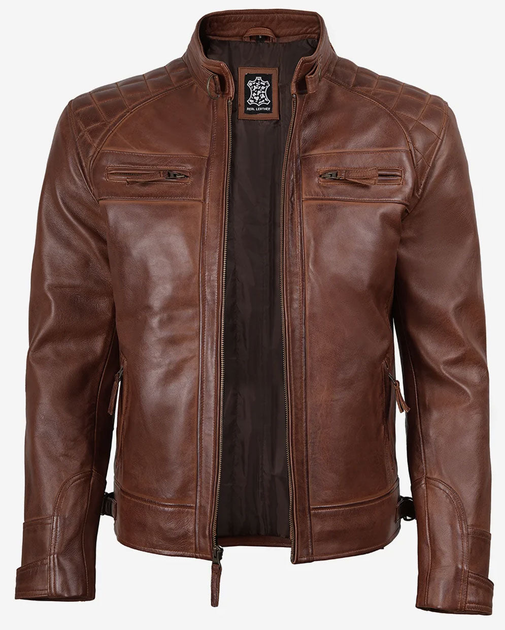 Cameron Cognac Brown Leather Biker Jacket for Men | Real Lambskin Quilted