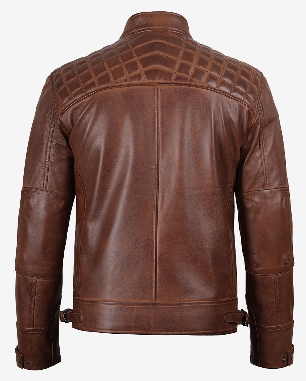 Cameron Cognac Brown Leather Biker Jacket for Men | Real Lambskin Quilted
