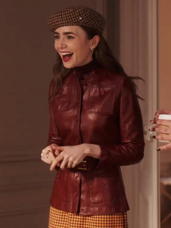 Lily Collins Emily In Paris Season 4 Emily Cooper Red Leather Jacket