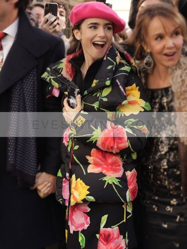 Lily Collins Hooded Floral Puffer Jacket