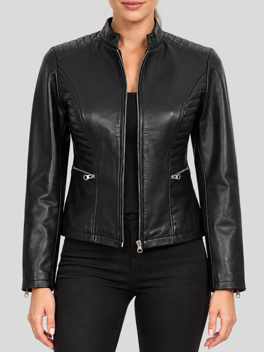 Black Leather Cafe Racer Jacket with Quilted Shoulder Design