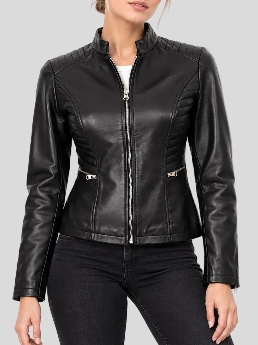 Womens Cafe Racer Jacket with Quilted Shoulder Design