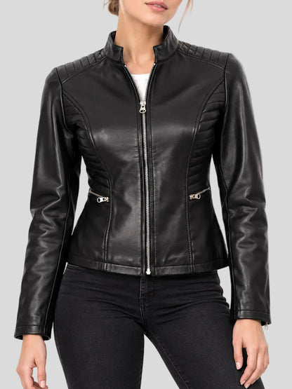 Womens Cafe Racer Jacket with Quilted Shoulder Design