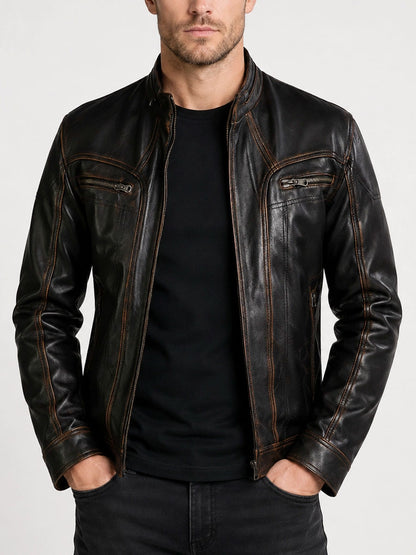 Mateo Brown Distressed Leather Cafe Racer Jacket