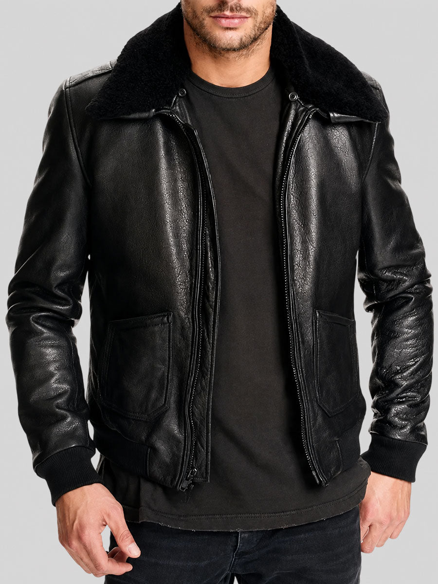 Men Black Fur Collar Bomber Leather Jacket