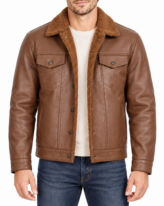 Men’s Brown Lambskin Leather Trucker Jacket