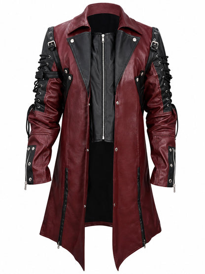 Men’s Gothic Leather Coat Maroon Black