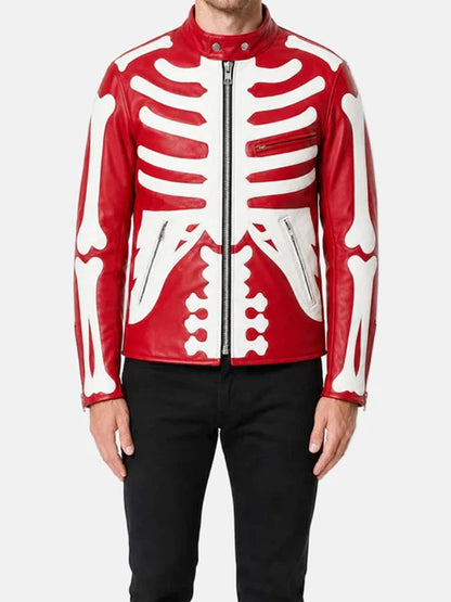 Red skeleton leather jacket with white skull design, front zipper closure, and stand-up collar