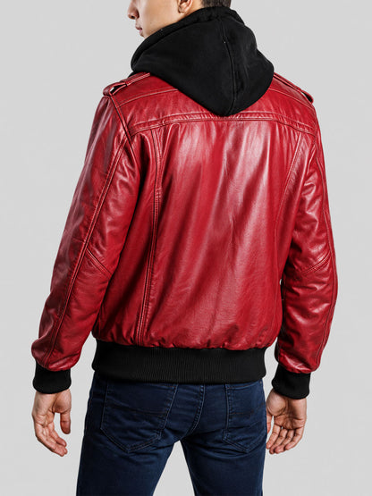 Men’s Waxed Red Hooded Bomber Leather Jacket