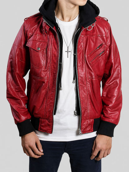 Men’s Waxed Red Hooded Bomber Leather Jacket