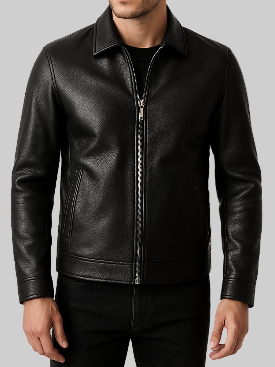 Men's black leather moto jacket front view with shirt collar and zipper closure