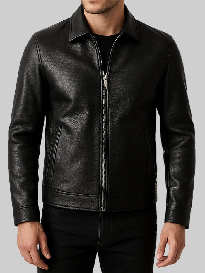 Men's black leather moto jacket front view with shirt collar and zipper closure