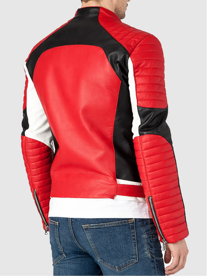Men's Padded Red Leather Moto Biker  Jacket