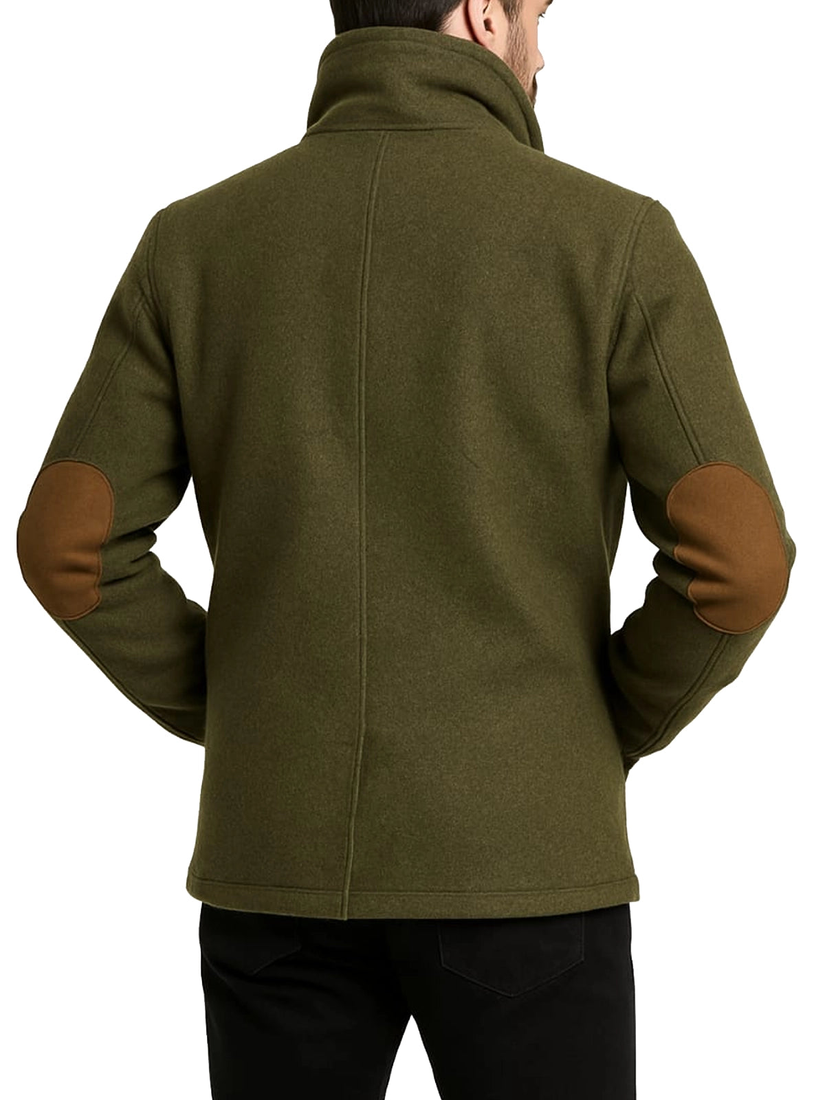 Men's Army Green Wool Peacoat with Brown Elbow Patches