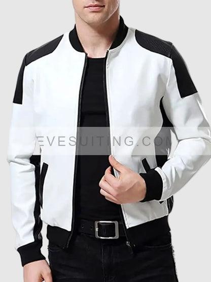 Mens Black & White Leather Biker Bomber Jacket