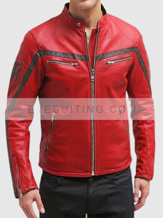 Mens Columbus Red Leather Biker Jacket