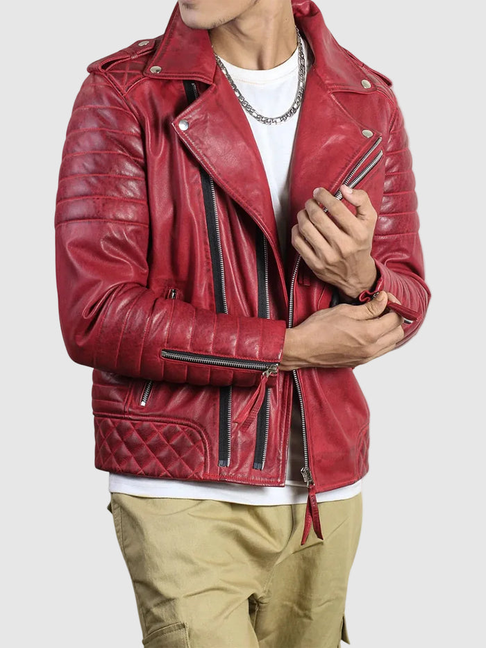 Men’s Waxed Red Leather Biker Jacket