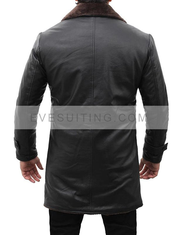 Mens William Black Real Leather Shearling Mid-Length Coat For Winters